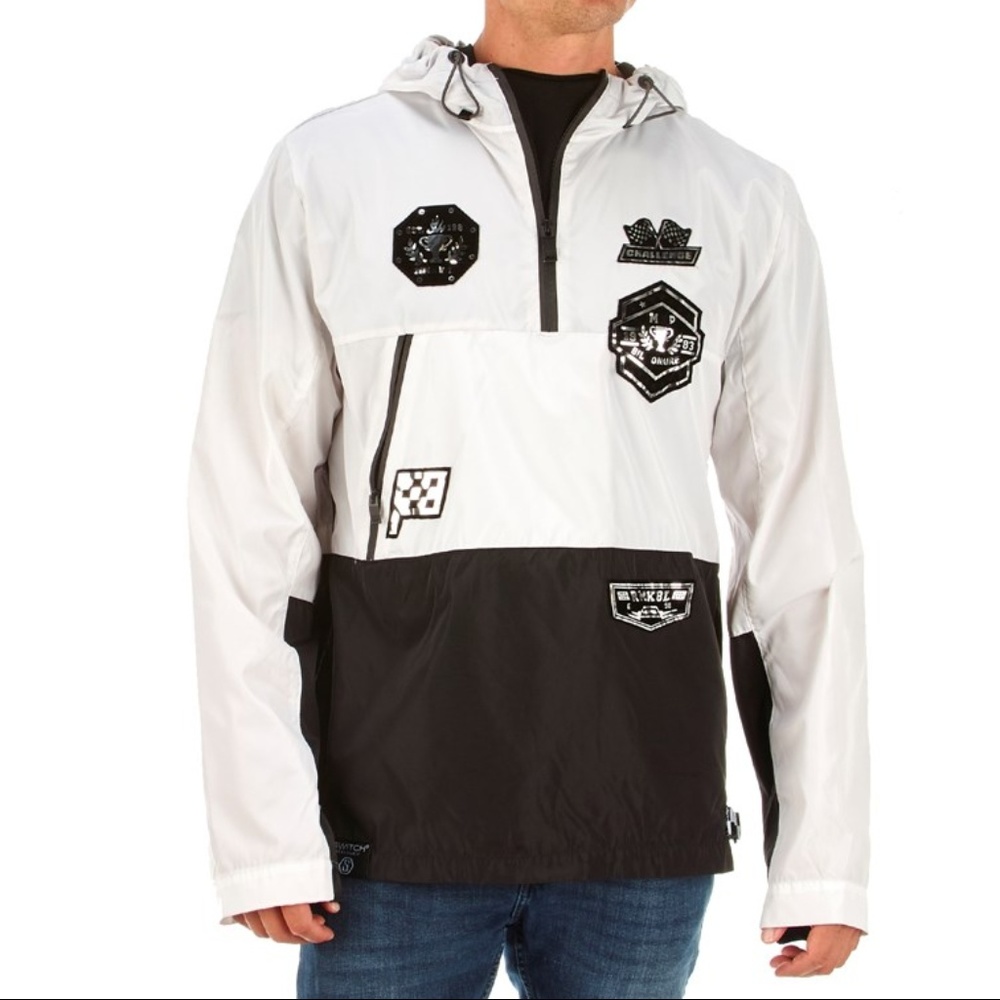 Mens Hooded Zip-Neck Raincoat with Racing Patches